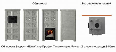 Печь банная Эверест "Легкий пар Профи" каменка «по-серому», Талькохлорит, Б/В, Резная (2 стор.+фасад